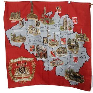Vintage Van Deun Souvenir Square Scarf Map Of Belgium Castles Monuments Red Made